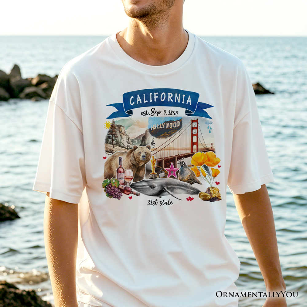 Artistic California State Themes and Landmarks T-Shirt, Tee for History and Travel Lovers