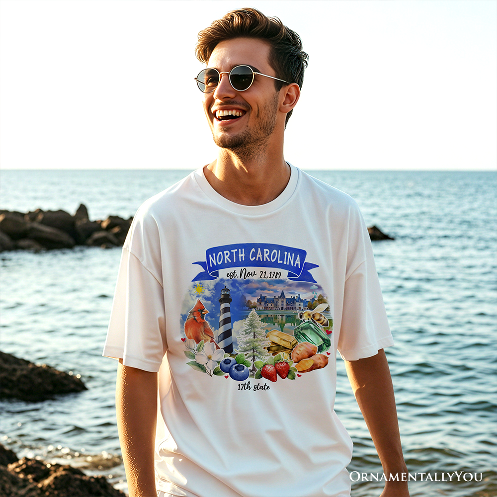 Artistic North Carolina State Themes and Landmarks T-Shirt, Tee for History and Travel Lovers