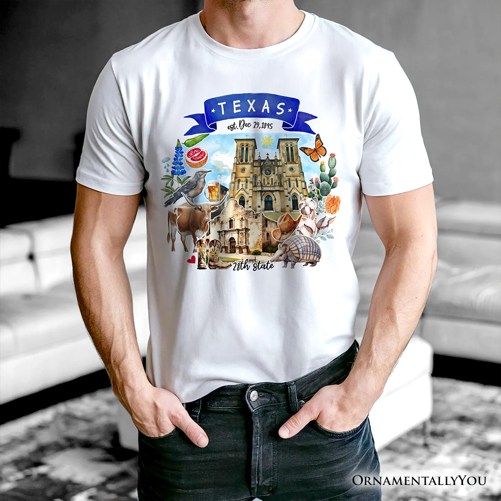 Artistic Texas State Themes and Landmarks T-Shirt, Tee for History and Travel Lovers