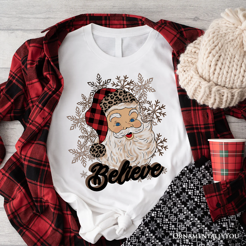 Believe Santa Buffalo Plaid T‑Shirt, Retro Christmas Tee