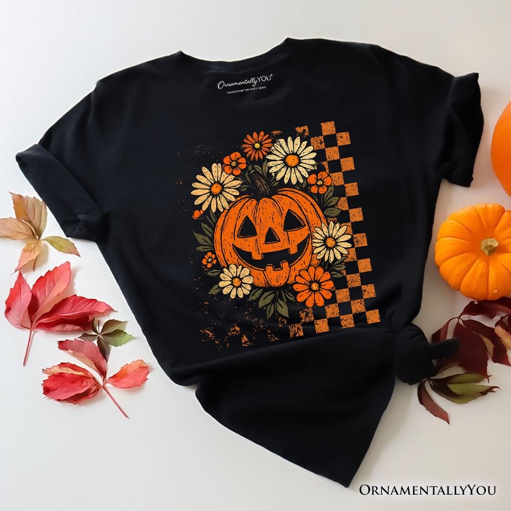 Checkered Floral Pumpkin T-Shirt, Retro Preppy Halloween Tee for Spooky Season Vibes