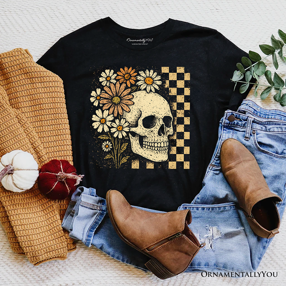 Checkered Floral Skeleton T-Shirt, Vintage Skull Daisy Halloween Tee