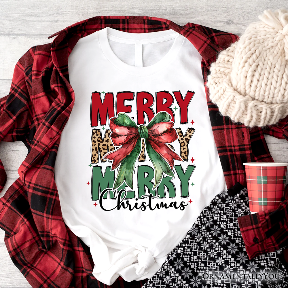 Coquette Merry Christmas Bow T-Shirt, Festive Leopard Holiday Tee