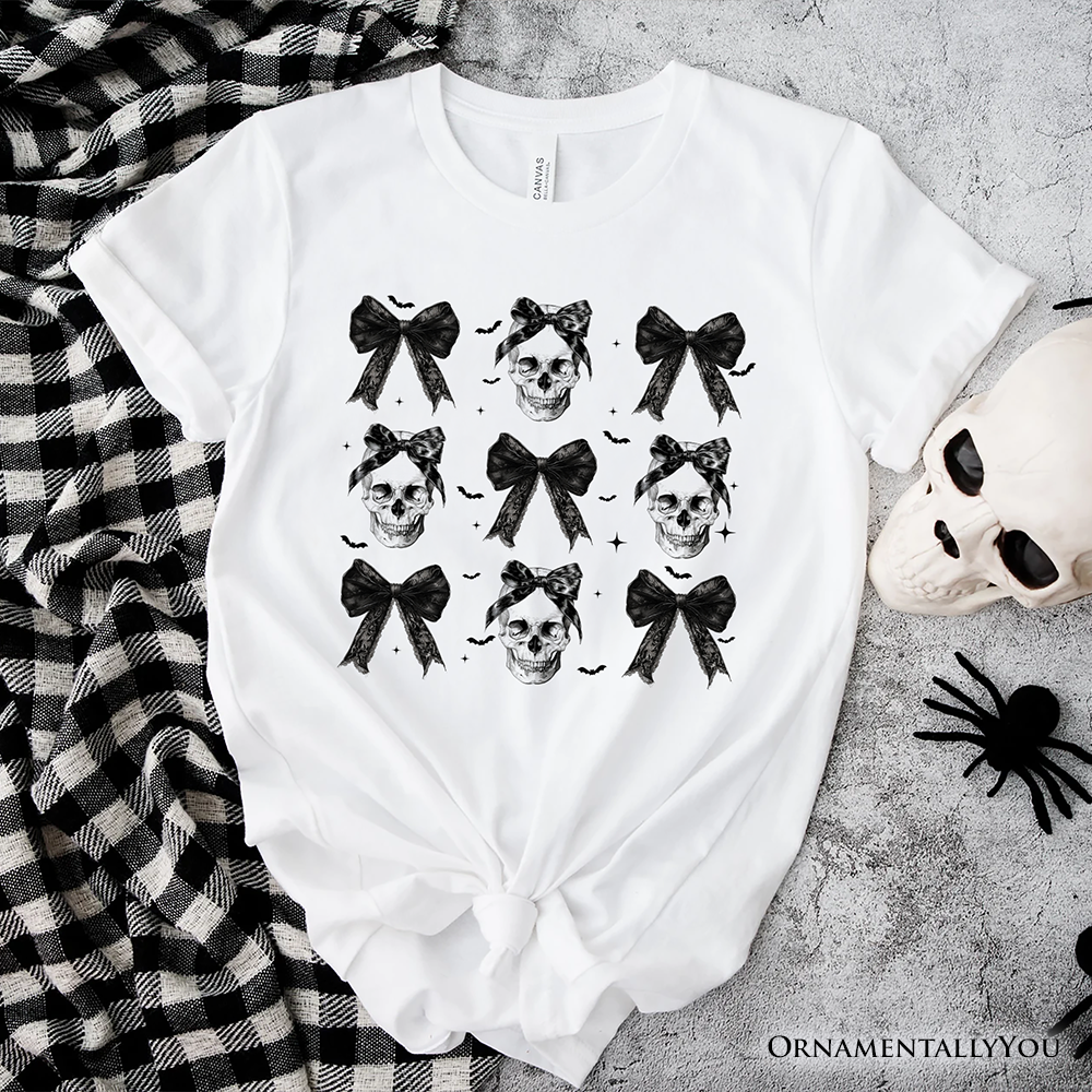 Coquette Skulls and Bows T-Shirt, Gothic Halloween Tee for Stylish Women