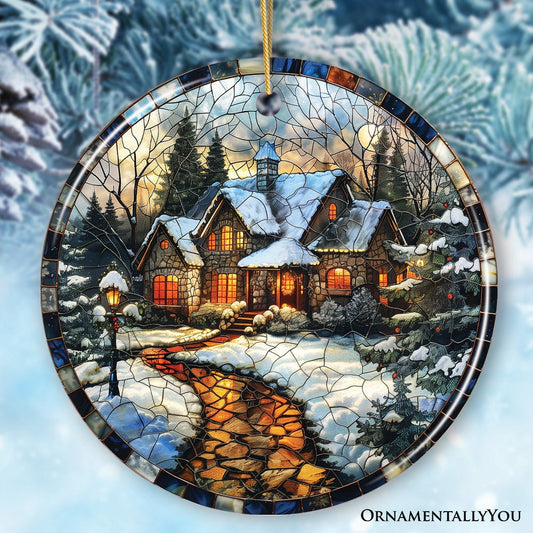 Elegant Rustic Winter Cabin Stained Glass Themed Ceramic Christmas Ornament, Vintage Tree Decoration