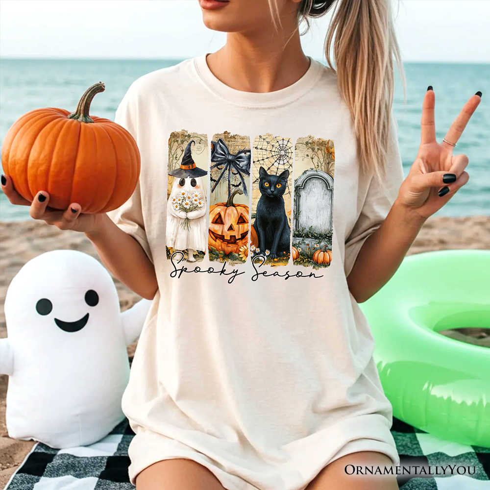 Fall Spooky Season Brushstroke T-Shirt, Coquette Vintage Ghost, Cat and Pumpkin Tee