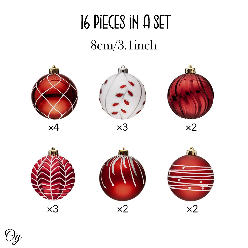 Festive Christmas Ball Set, 16 Ornaments with Varied and Refined Red Colors Packaged