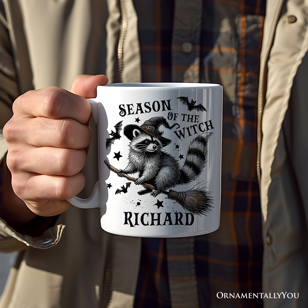 Funny Racoon Witch with Broom Personalized Mug, Vintage Halloween Gift with Custom Name