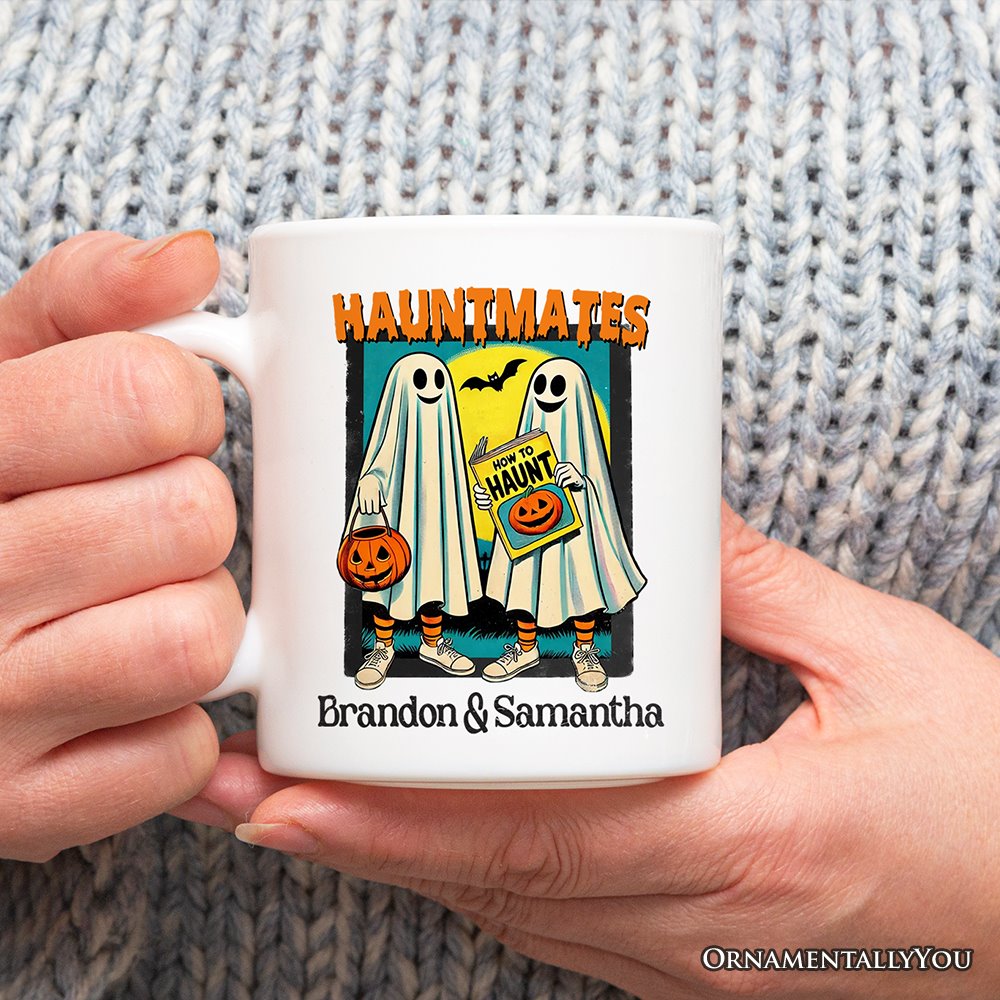 Funny Retro Ghosts Hauntmates Personalized Mug, Vintage Best Friend Halloween Gift with Custom Names