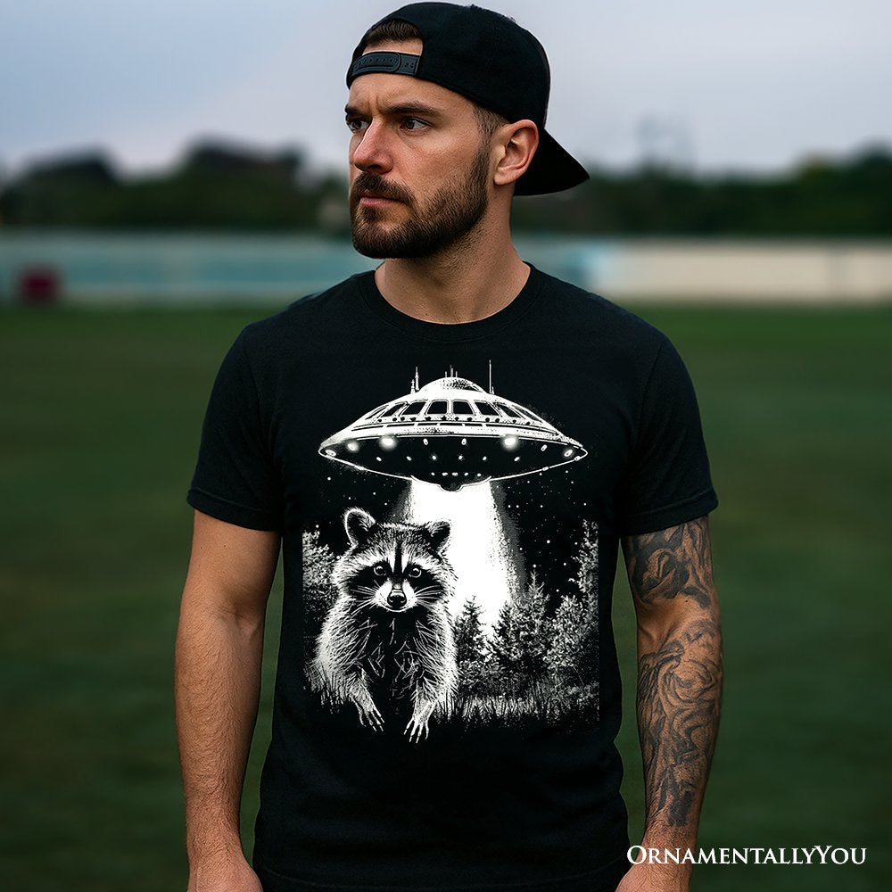Funny UFO Raccoon T-Shirt, Black Unisex Tee for Alien Enthusiasts