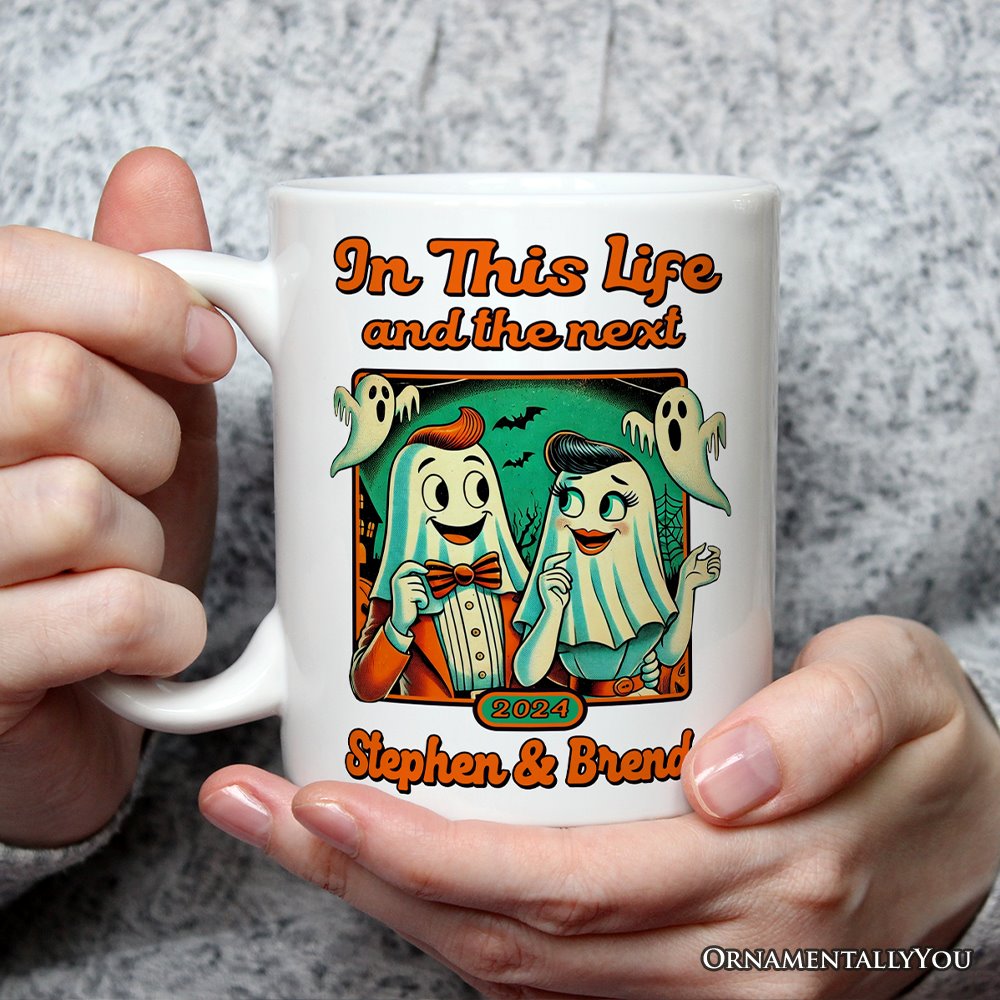 Retro Ghost Lovers Through Next Lives, Personalized Mug, Vintage Halloween Custom Gift for Couples
