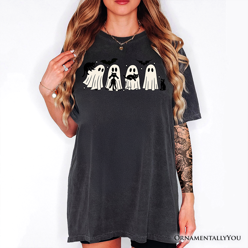 Ghosts and Cats Spooky T-Shirt, Whimsical Halloween Tee for Cozy Autumn Season