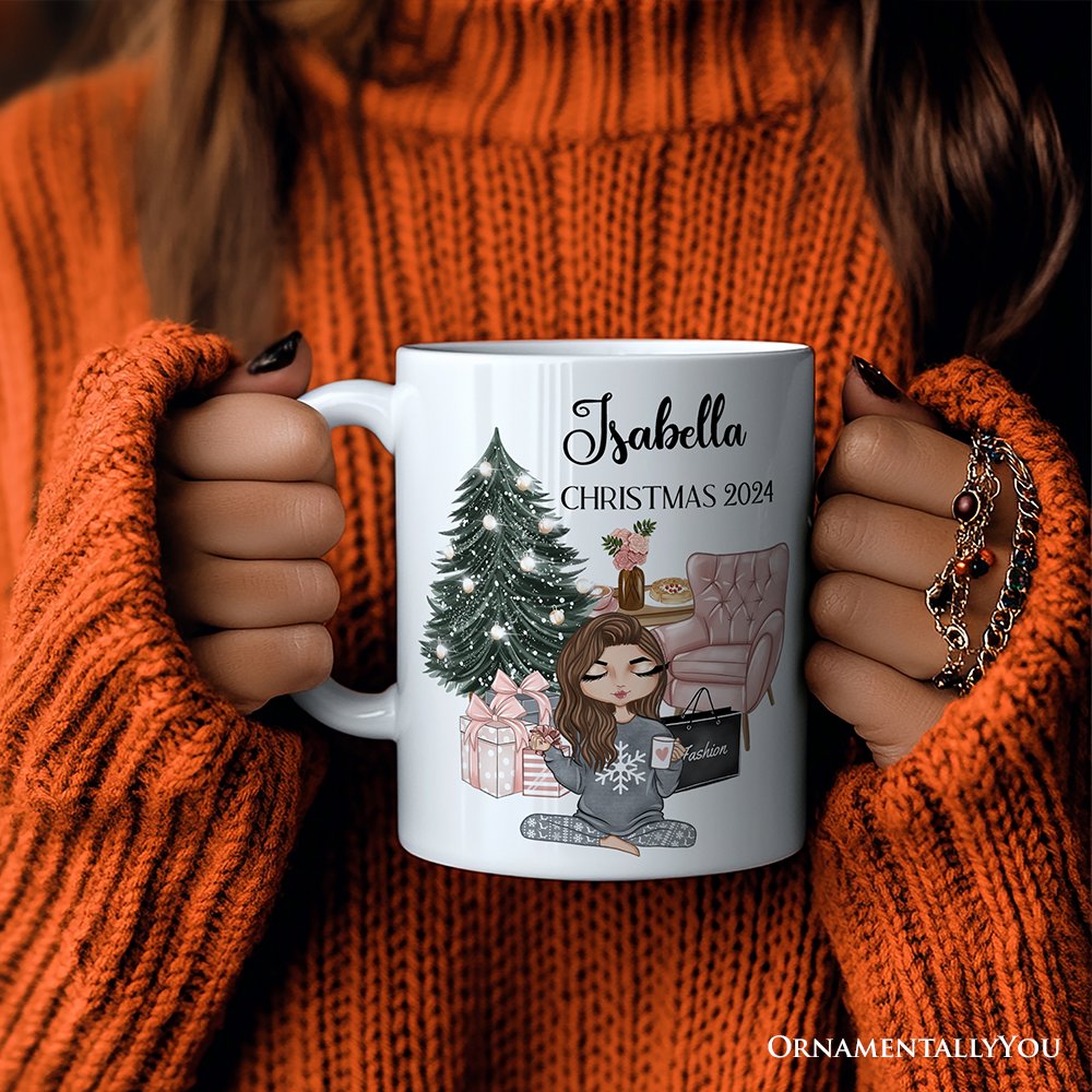 Glamorous Girl Personalized Christmas Mug, Fashionista Teenager Shopping Addict Holiday Gift