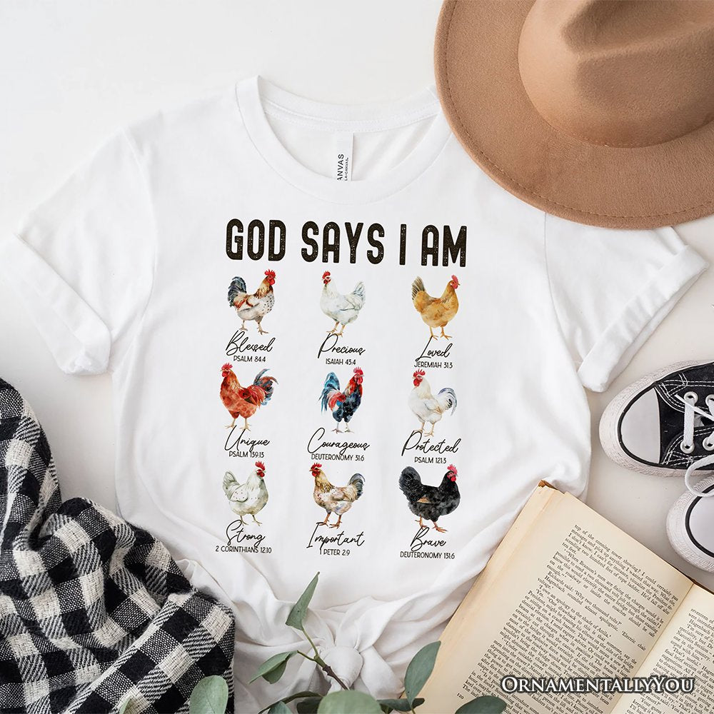 God Says I Am Christian T-Shirt, Rooster and Chicken White Tee for Farm Style Lovers