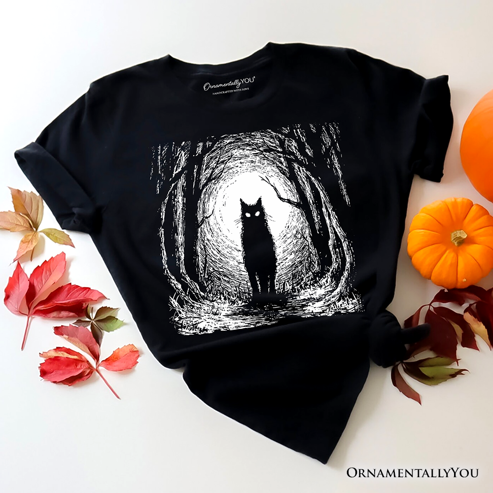 Haunted Forest Black Cat T-Shirt, Spooky Halloween Night Tee