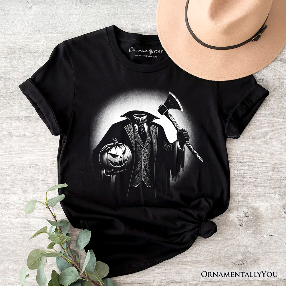 Headless Horseman Spooky Portrait T-Shirt, Horror Villain Theme Halloween Tee