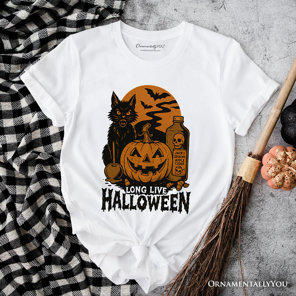 Long Live Halloween T-Shirt, Retro Black Cat Pumpkin Tee for Horror Fans