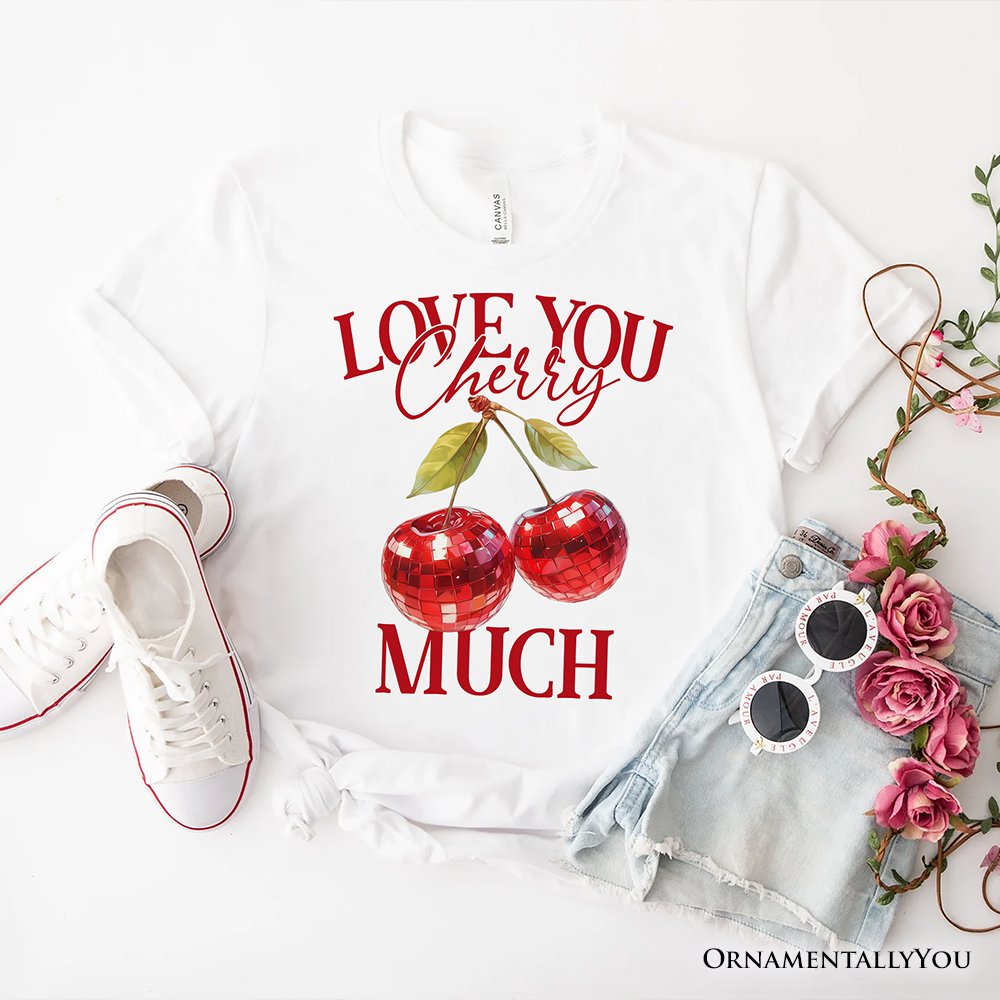 Love You Cherry Much T-Shirt, Retro Disco White Tee for Fun Women