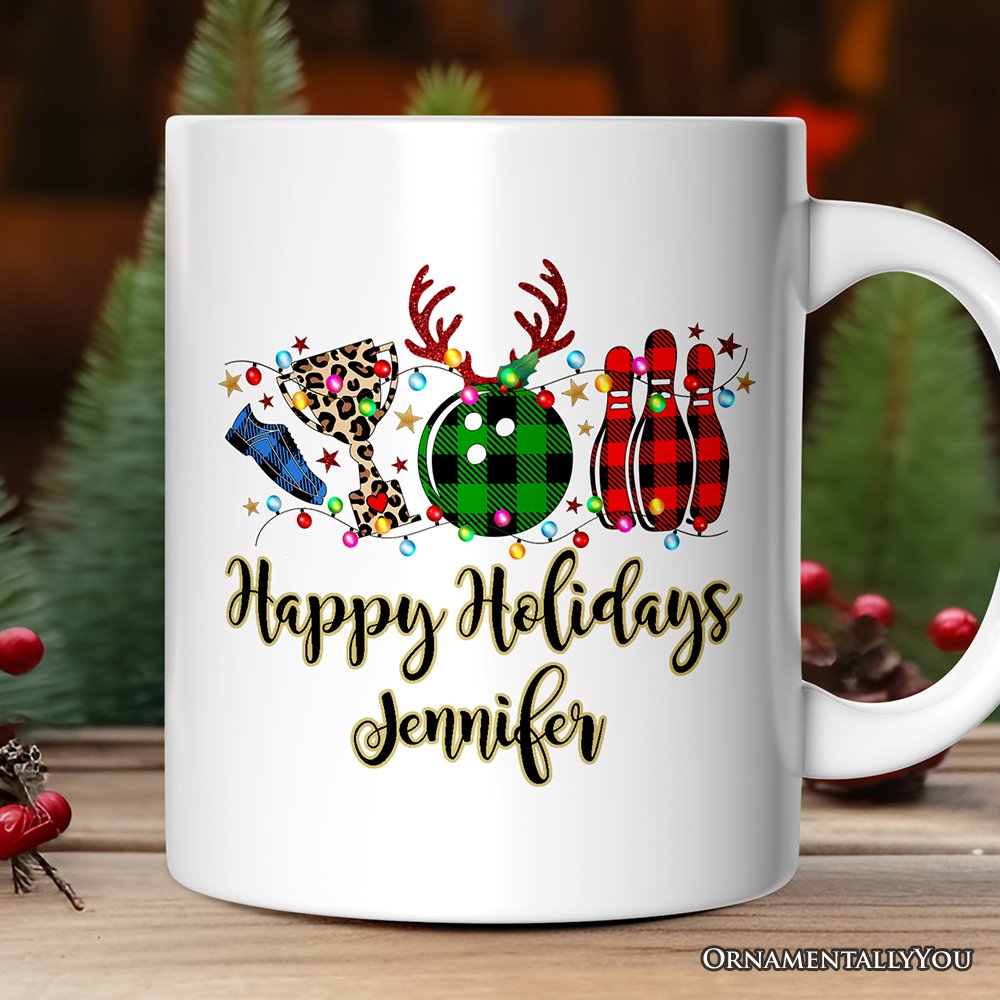 Personalized Mug Bowling Buffalo Plaid Christmas, Ball Pins and Trophy