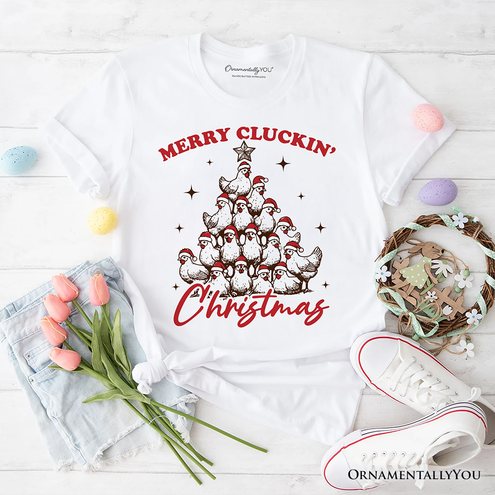 Merry Cluckin' Christmas Tree T‑Shirt, Funny Santa Hat Chicken Farmhouse Tee