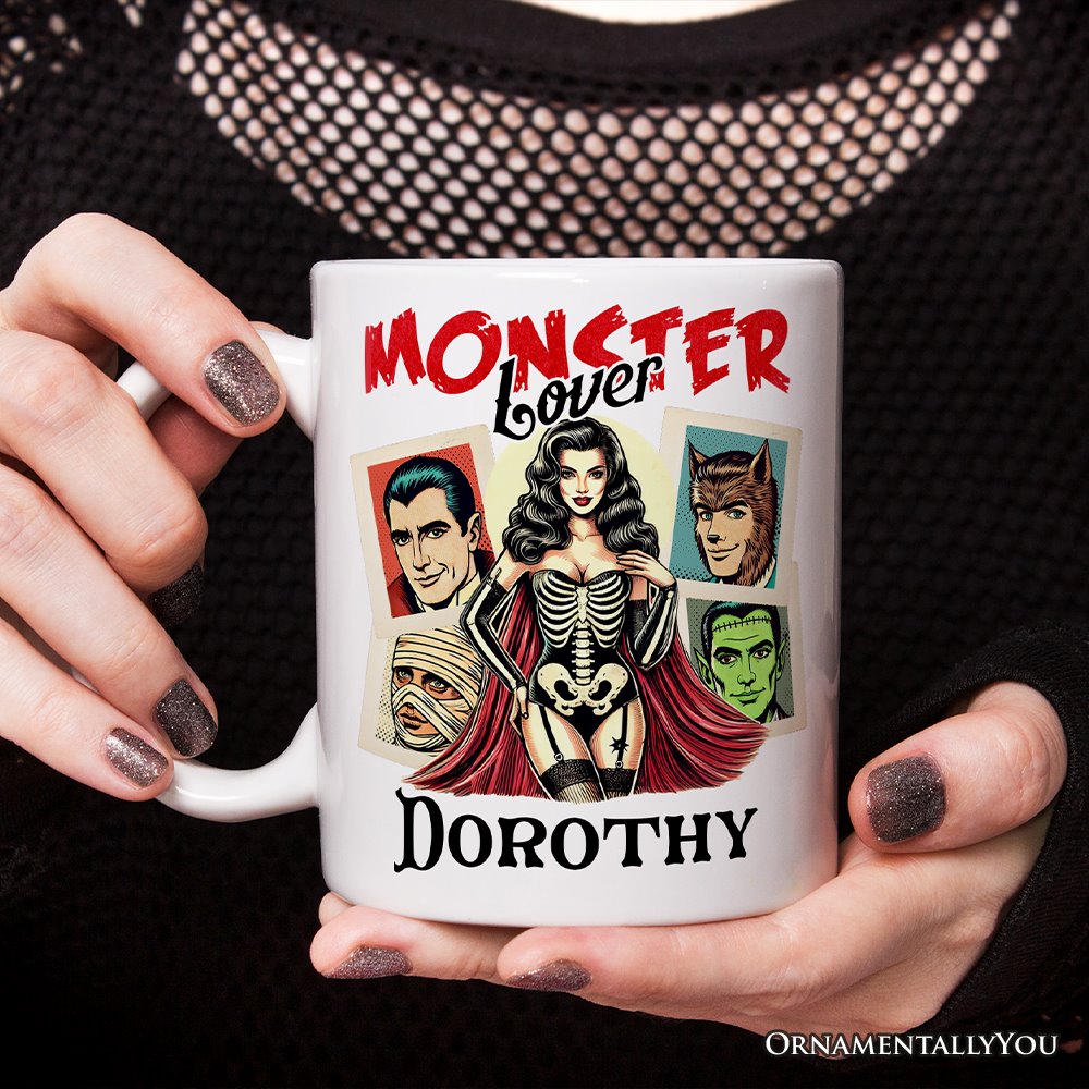 Monster Lover Personalized Halloween Mug, Horror Characters Retro Gift for Women with Custom Name