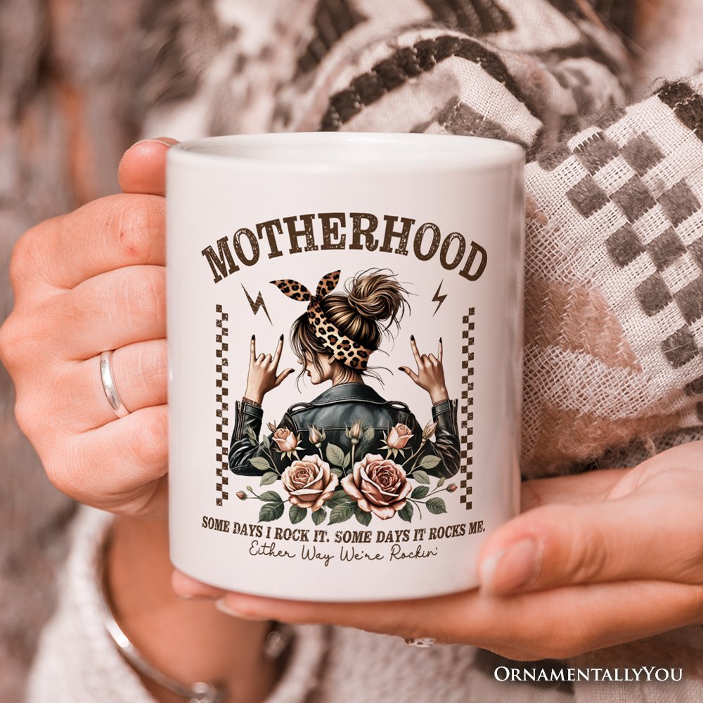 Motherhood Mama Rock Personalized Mug, Retro Gift for Strong Moms With Custom Name