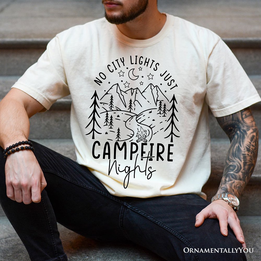 No City Lights Just Campfire Nights T-Shirt, White and Natural Camping Tee for Stargazing Campers