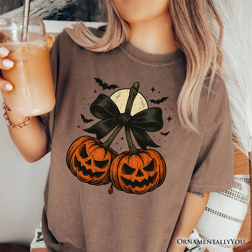 Pumpkin Cherries Coquette Bow T-Shirt, Retro Halloween Fall Season Tee for Sweet Autumn Girls