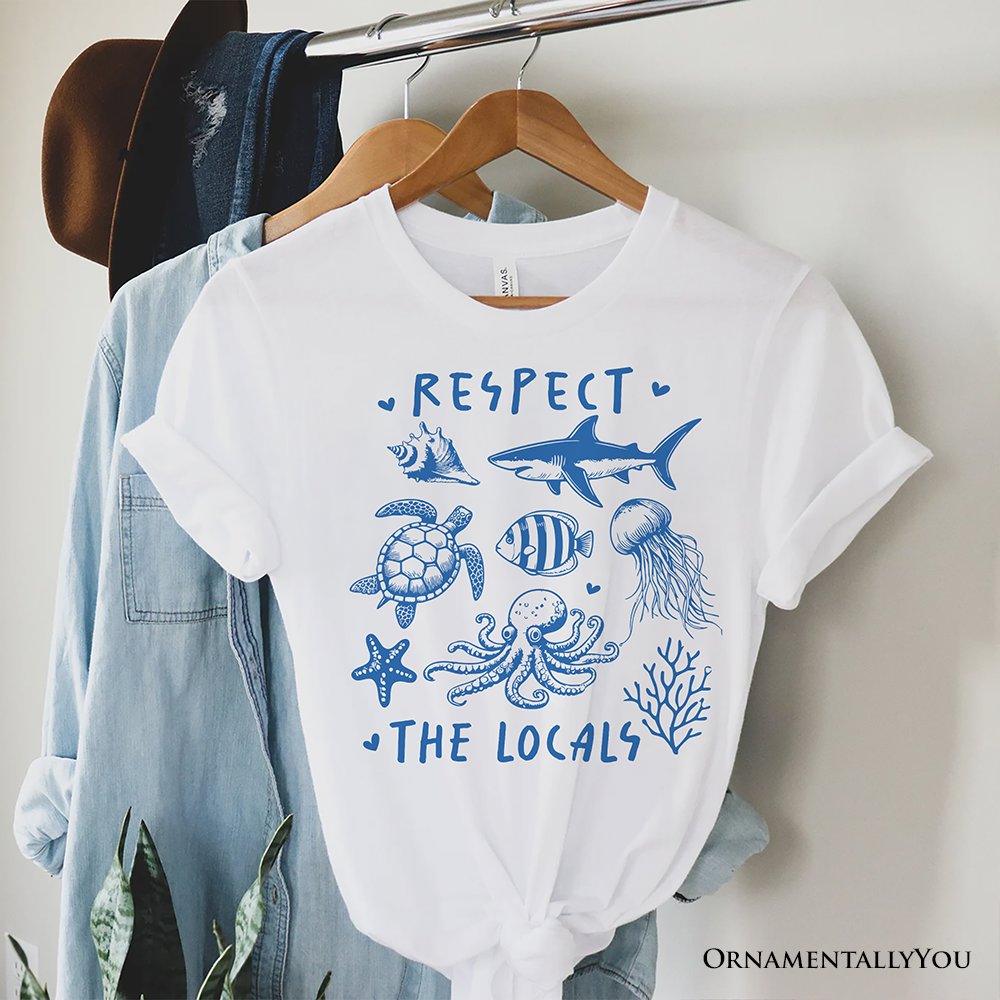 Respect the Locals Ocean Animals T-Shirt, Cute White and Natural Vacation Tee