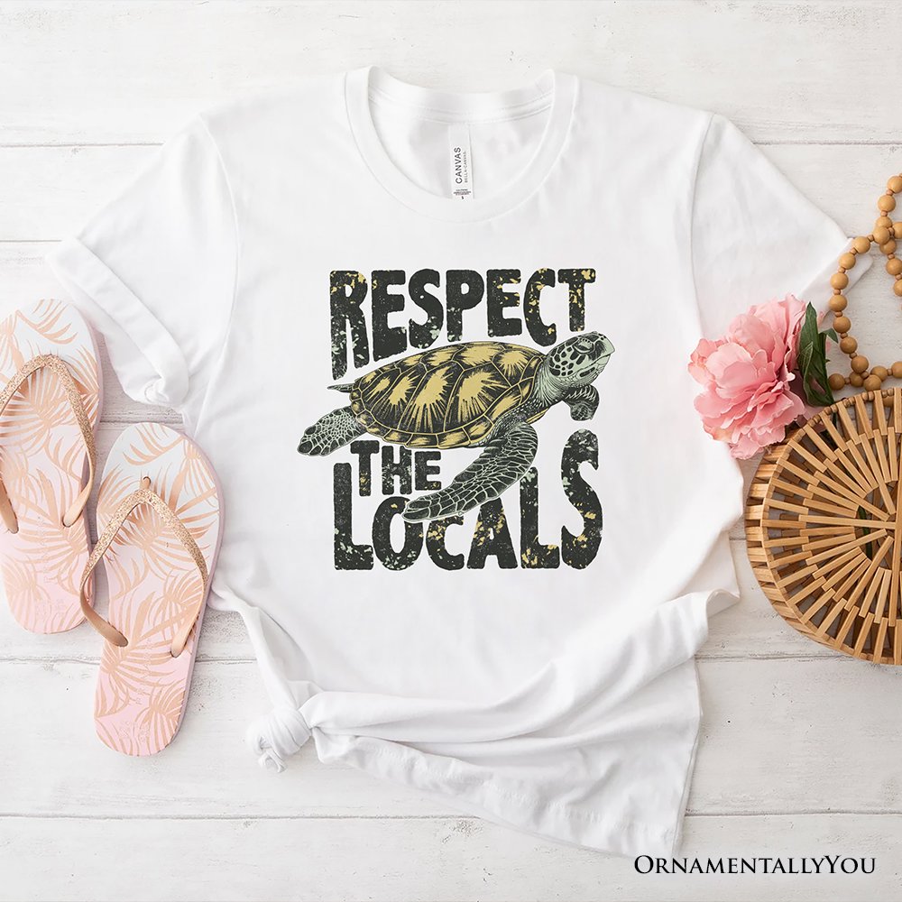 Respect the Locals Turtles T-Shirt, Retro Grunge White and Natural Tee for Ocean and Beach Lovers
