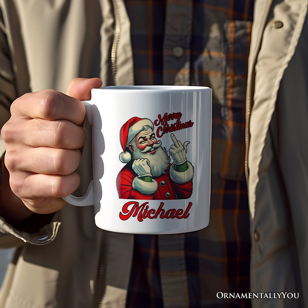 Santa Middle Finger Christmas Personalized Mug, Vintage Humorous Gift with Custom Name