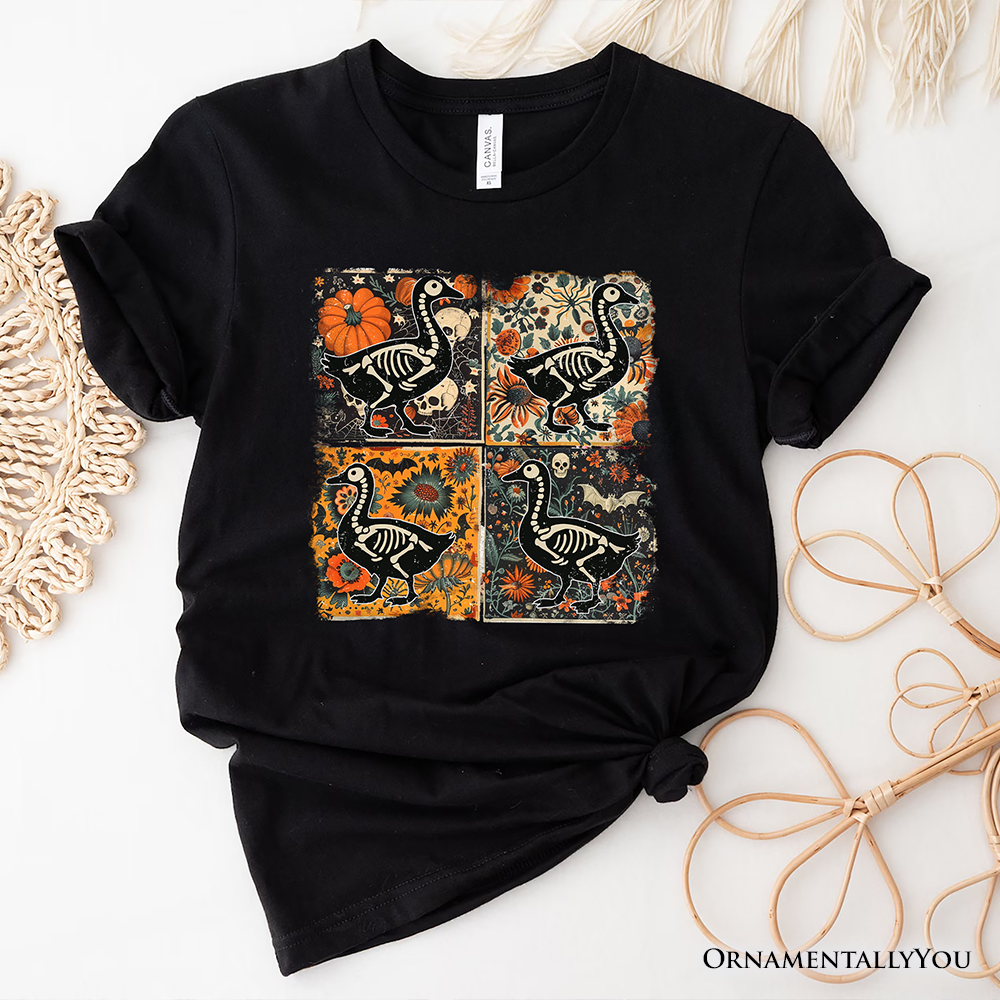Skeleton Goose Patchwork T-Shirt, Floral Halloween Tee for The Spooky Season