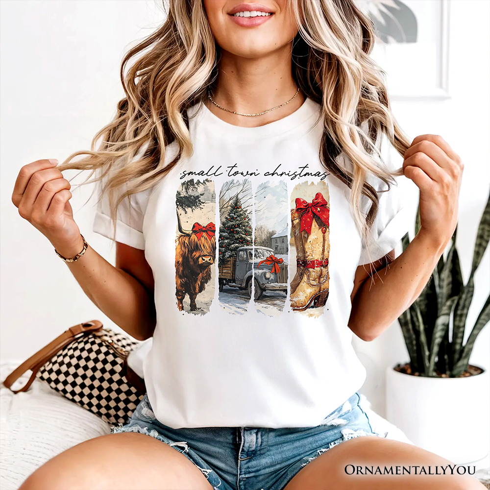 Small Town Christmas T‑Shirt, Highland Cow Rustic Western Cowgirl Holiday Tee