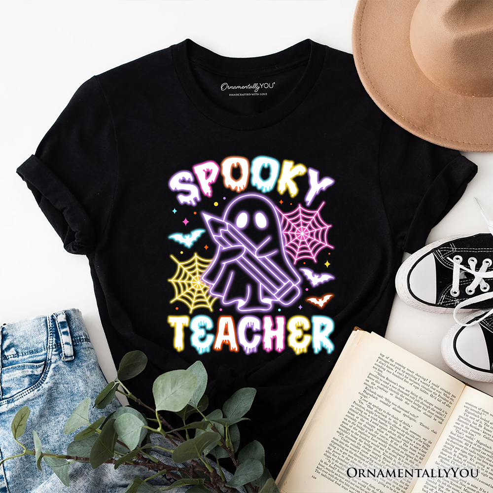 Spooky Teacher Neon Ghost T-Shirt, Retro Halloween Tee for Educators