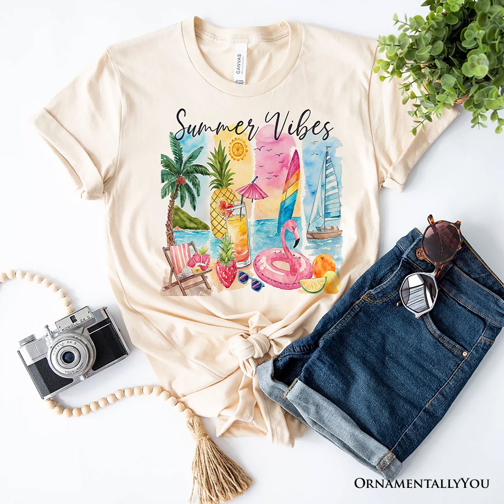 Summer Vibes T-Shirt, White and Natural Vacation Beach Tee