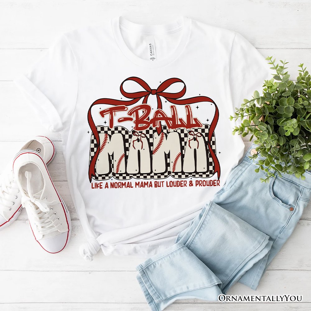 T-Ball Mama Coquette Red Bow T-Shirt, Retro White and Natural Tee for Proud Sports Moms