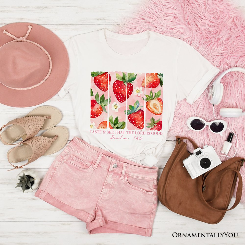 Taste and See That The Lord is Good Strawberry T-Shirt, White and Natural Christian Faith Tee