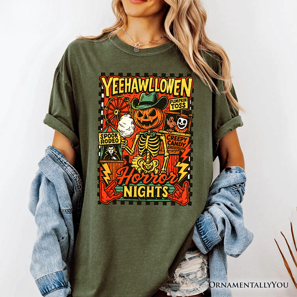 Yee Haw Halloween Retro Pumpkin Skeleton T-Shirt, Spooky Country Western Tee for Fall