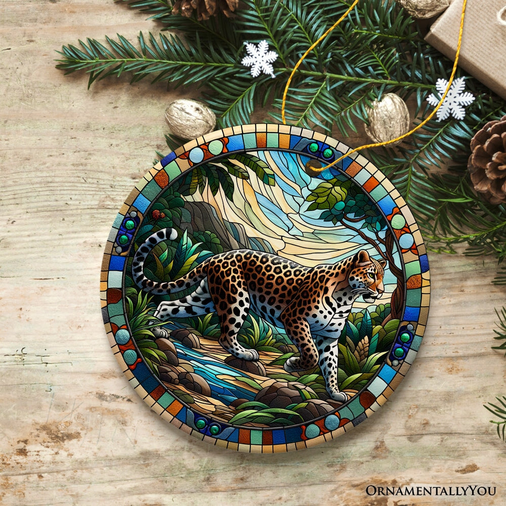 African Leopard Expedition Stained Glass Style Ceramic Ornament, Safari Animals Christmas Gift and Decor