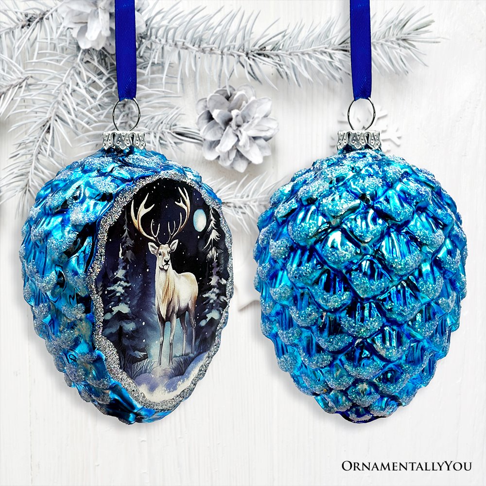 Arctic Animal Illustration Pinecone Glass Christmas Ornament Set