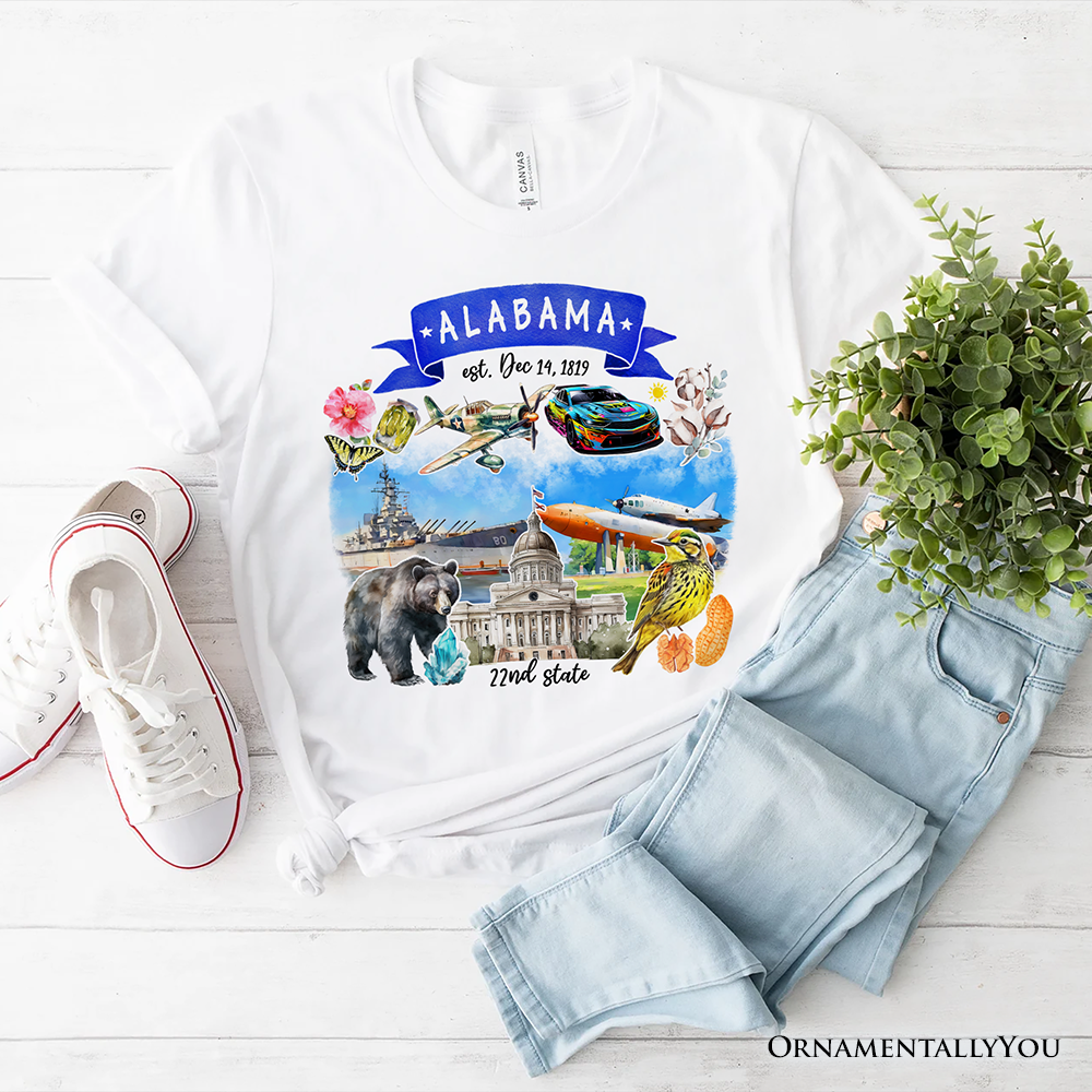 Artistic Alabama State Themes and Landmarks T-Shirt, Tee for History and Travel Lovers