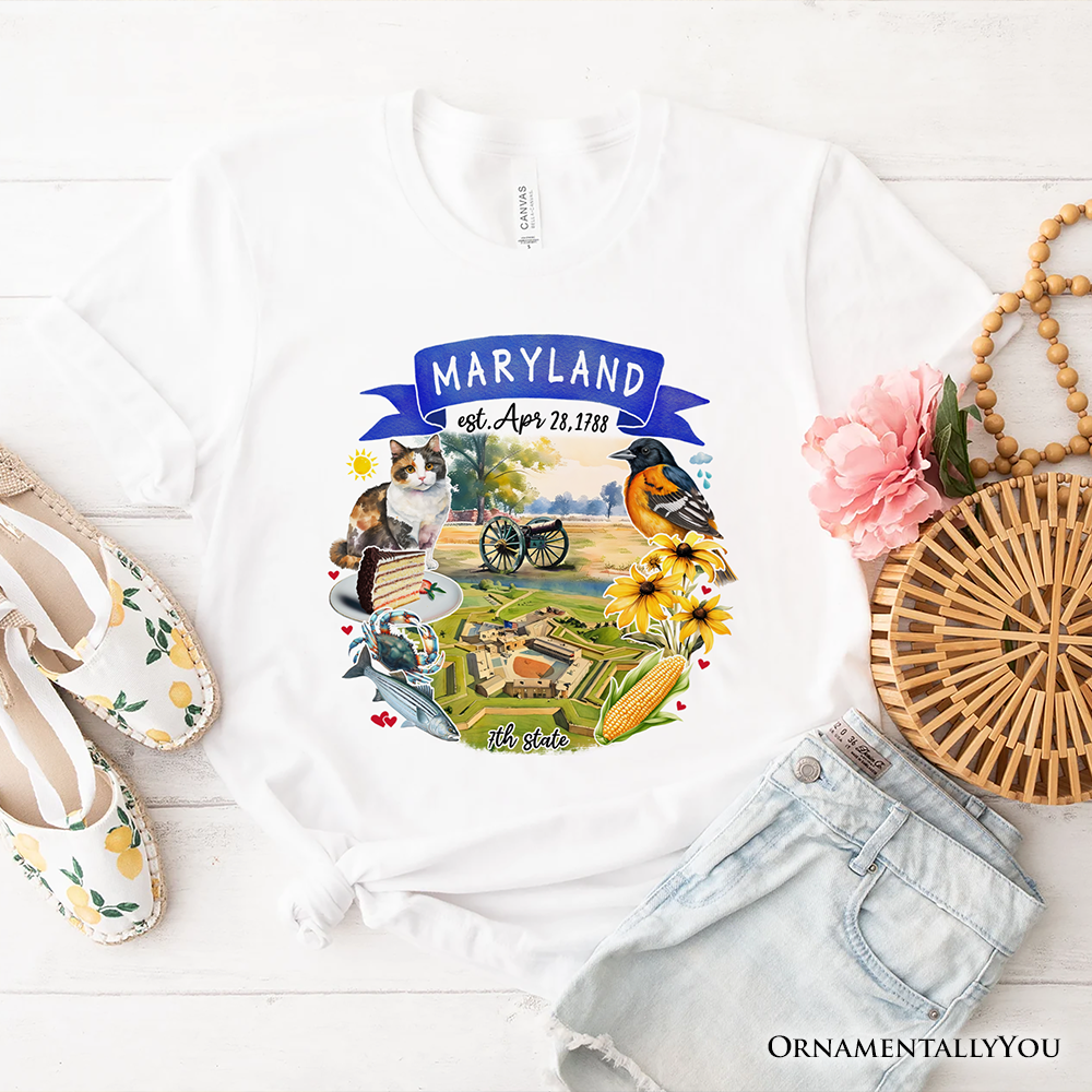 Artistic Maryland State Themes and Landmarks T-Shirt, Tee for History and Travel Lovers