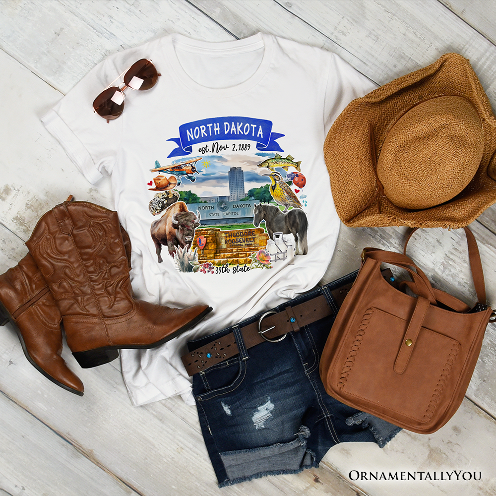 Artistic North Dakota State Themes and Landmarks T-Shirt, Tee for History and Travel Lovers