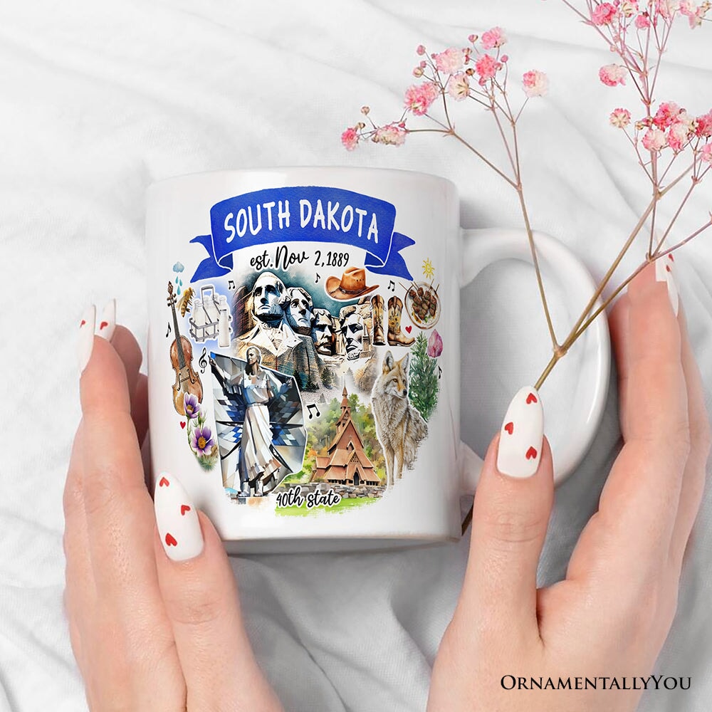 Artistic South Dakota State Themes and Landmarks Personalized Mug With Custom Name