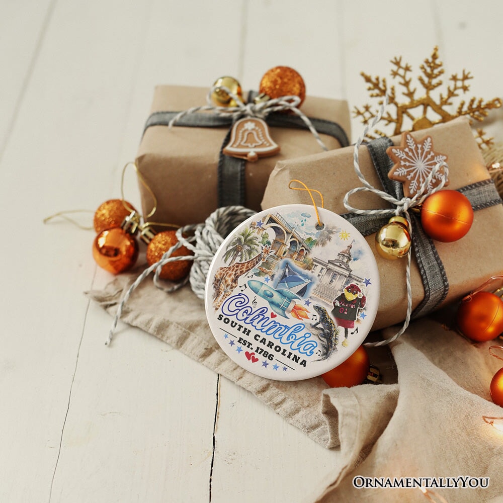 Artistic Souvenir of Columbia City Landmarks and Icons Ceramic Ornament, the Heart of South Carolina