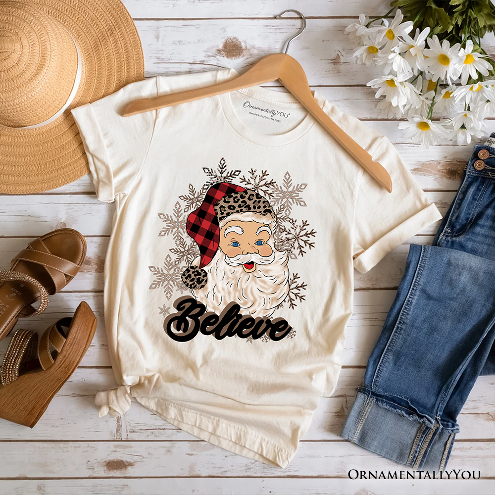 Believe Santa Buffalo Plaid T‑Shirt, Retro Christmas Tee