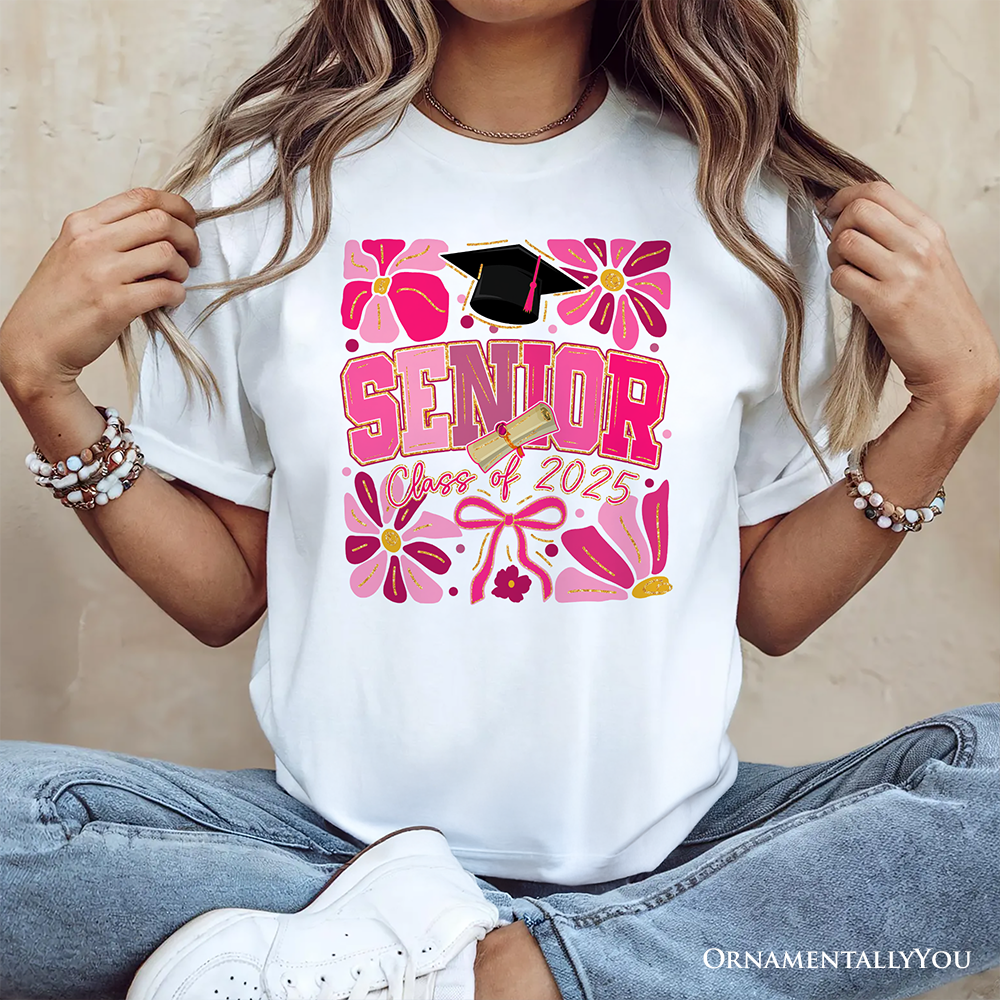 Boho Senior 2025 T-Shirt, Pink Floral Graduation White Tee for Proud and Stylish Students