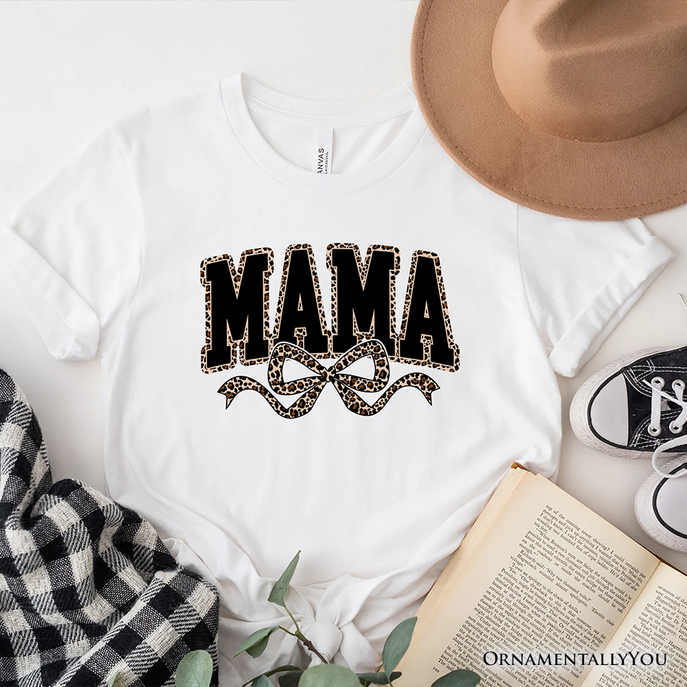 Coquette Leopard Mama T-Shirt, Retro Bow Varsity Tee for Trendy Moms