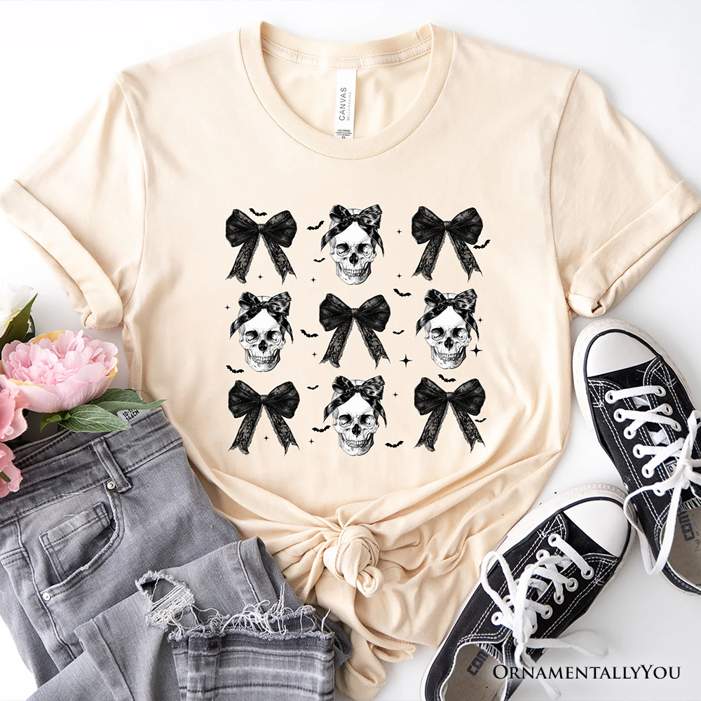 Coquette Skulls and Bows T-Shirt, Gothic Halloween Tee for Stylish Women