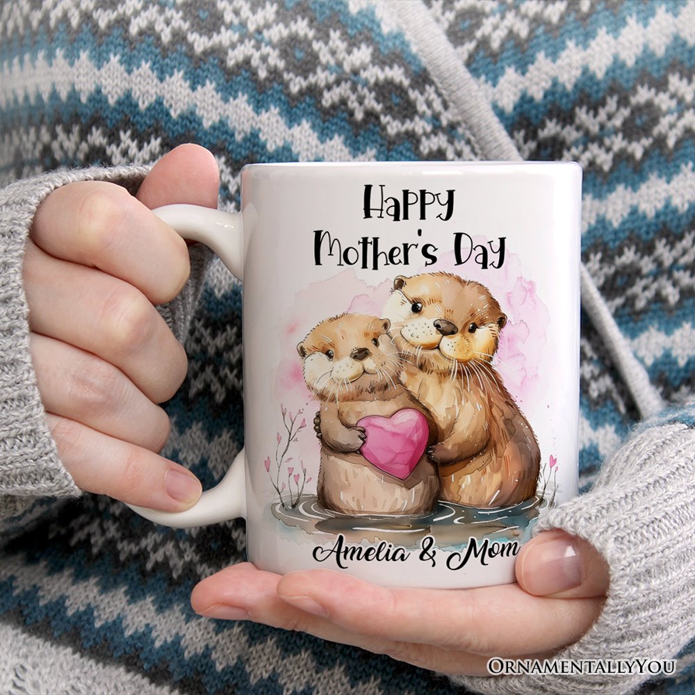 Cute Otters Mother’s Day Themed Custom Mug, Personalized Art Animal Mom and Daughter Gift